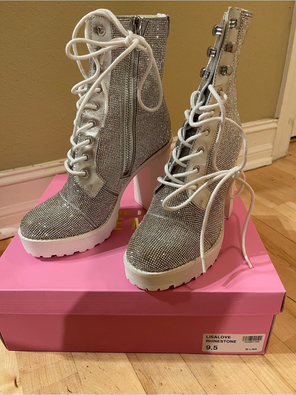 Steve Madden LisaLove Rhinestone Silver Lace-Up Platform Boots - Women